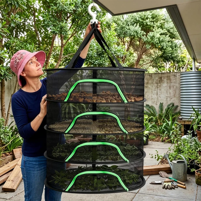Alt view image 6 of 7 - 4 Layer Herb Drying Rack with Zipper, Hanging Mesh Net with Garden Shear, Collapsible Food Drying Net for Seeds, Buds, Fruits, Vegetables, Herbs, Fish, Clothes(Black)