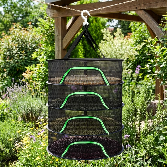 Alt view image 7 of 7 - 4 Layer Herb Drying Rack with Zipper, Hanging Mesh Net with Garden Shear, Collapsible Food Drying Net for Seeds, Buds, Fruits, Vegetables, Herbs, Fish, Clothes(Black)