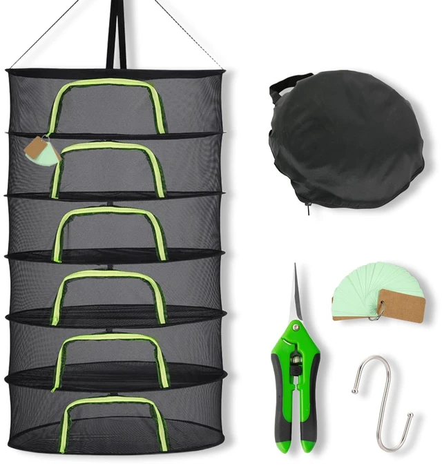 Main image of 6-Layer 24-Inch Herb Drying Rack Hanging with Pruning Shears, Hook, Notepad | Breathable Mesh Drying Rack for Air-Drying Herbs, Buds & Plants, Foldable Herb Dryer with Large Zippers & Storage Bag