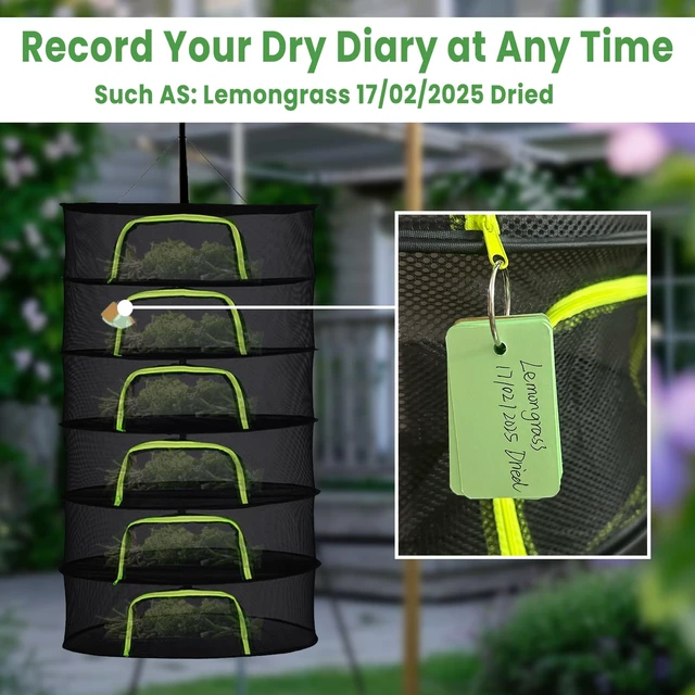 Alt view image 4 of 7 - 6-Layer 24-Inch Herb Drying Rack Hanging with Pruning Shears, Hook, Notepad | Breathable Mesh Drying Rack for Air-Drying Herbs, Buds & Plants, Foldable Herb Dryer with Large Zippers & Storage Bag