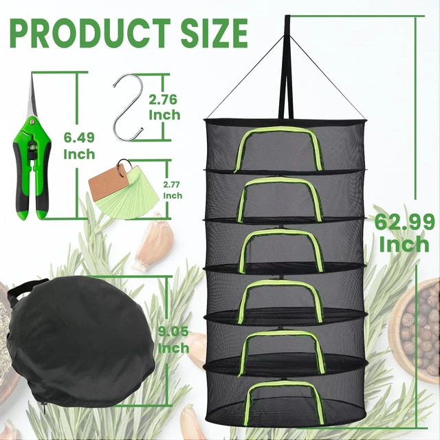 Alt view image 6 of 7 - 6-Layer 24-Inch Herb Drying Rack Hanging with Pruning Shears, Hook, Notepad | Breathable Mesh Drying Rack for Air-Drying Herbs, Buds & Plants, Foldable Herb Dryer with Large Zippers & Storage Bag