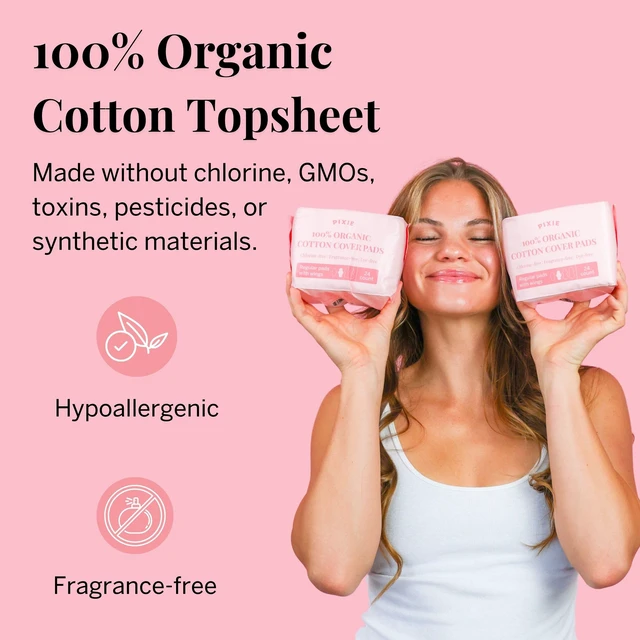 Alt view image 2 of 7 - Organic Cotton Ultra Thin Pads with Wings for Women - Leak-Proof & Moisture-Wicking for Feminine Care - Compostable, Unscented Menstrual Pads - Regular Absorbency - 24 Count