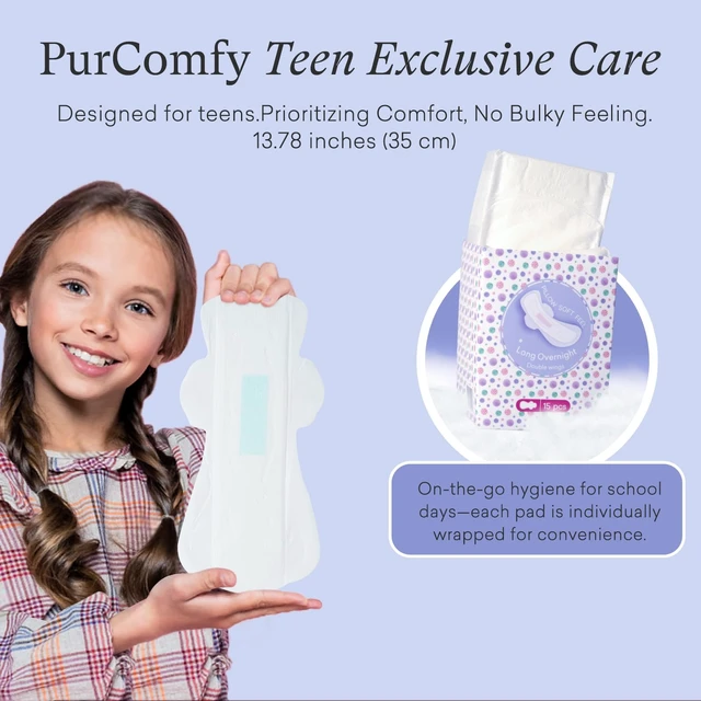Alt view image 2 of 7 - Teens Maxi Period Pads with Wings for Tweens, Organic Cotton Sanitary Pads for Teens Girls 9-14, Long Overnight Size, 15 CT