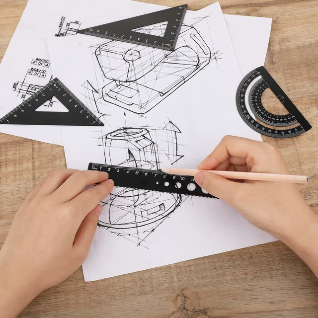 Alt view image 6 of 7 - 5Pcs Metal Geometry Set, Math Drafting Ruler Kit Aluminum Triangle Rulers Metal Ruler Drafting Tools, Metal Triangular Scale Ruler Set, Protractor, 6/8 Inches Drawing Ruler for Architect Engineer