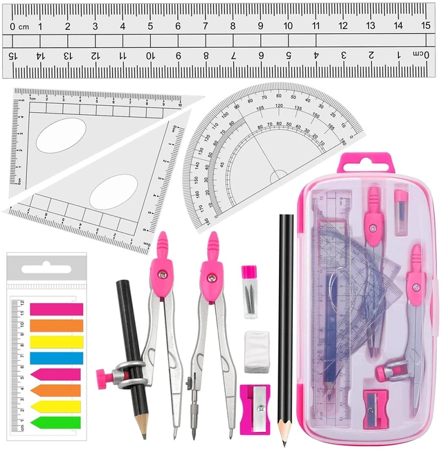 Main image of Maths Compasses Full Starter Geometry Kit with 2 Drafting Compasses Protractor 2 Set Squares Ruler Pencil and More for Students Maths Study Homework etc. Pink
