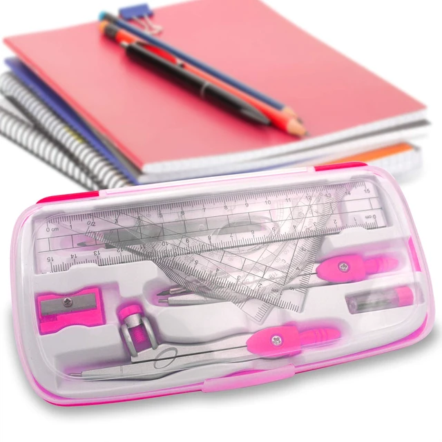 Alt view image 6 of 6 - Maths Compasses Full Starter Geometry Kit with 2 Drafting Compasses Protractor 2 Set Squares Ruler Pencil and More for Students Maths Study Homework etc. Pink