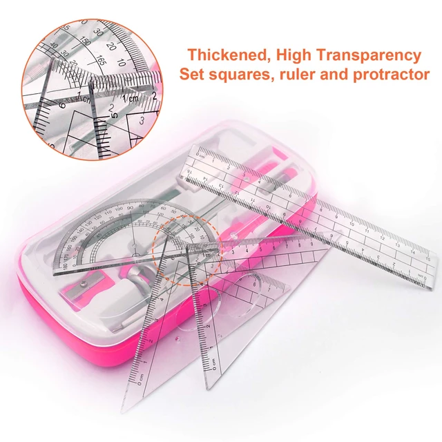 Alt view image 4 of 6 - Maths Compasses Full Starter Geometry Kit with 2 Drafting Compasses Protractor 2 Set Squares Ruler Pencil and More for Students Maths Study Homework etc. Pink