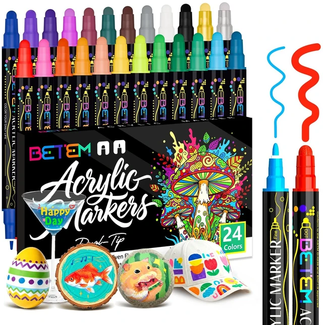Main image of 24 Colors Dual Tip Acrylic Paint Markers, Fabric Decorating Kits | Premium Water-Based Acrylic Paint Pens Art Supplies for Fabric, Rock, Wood, Glass, Canvas, Ceramic, School Supplies