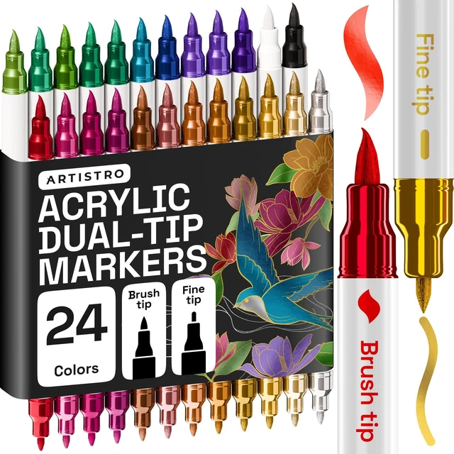 Main image of 24 Metallic Dual-Tip Acrylic Paint Marker Pens for Drawing | For Fabric, Rock, Glass, Wood, Arts & Crafts Gift for Adults, Teens & Kids, Pumpkin Decorating Kit & Halloween Crafts