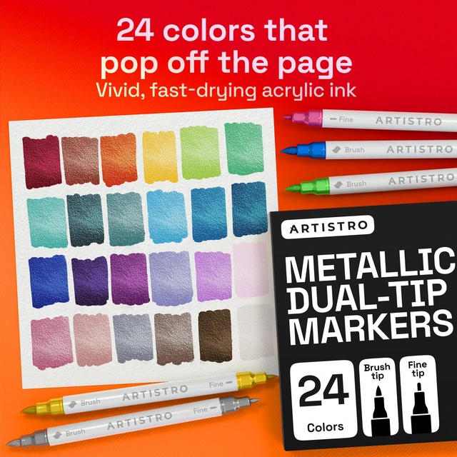 Alt view image 2 of 7 - 24 Metallic Dual-Tip Acrylic Paint Marker Pens for Drawing | For Fabric, Rock, Glass, Wood, Arts & Crafts Gift for Adults, Teens & Kids, Pumpkin Decorating Kit & Halloween Crafts