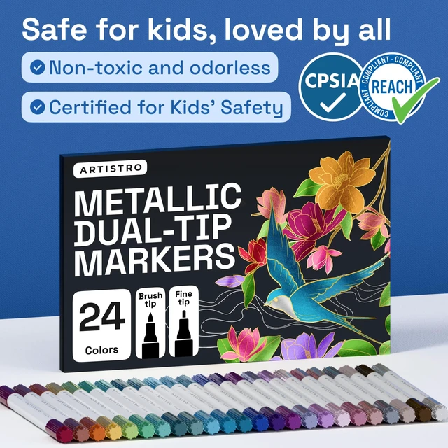 Alt view image 7 of 7 - 24 Metallic Dual-Tip Acrylic Paint Marker Pens for Drawing | For Fabric, Rock, Glass, Wood, Arts & Crafts Gift for Adults, Teens & Kids, Pumpkin Decorating Kit & Halloween Crafts