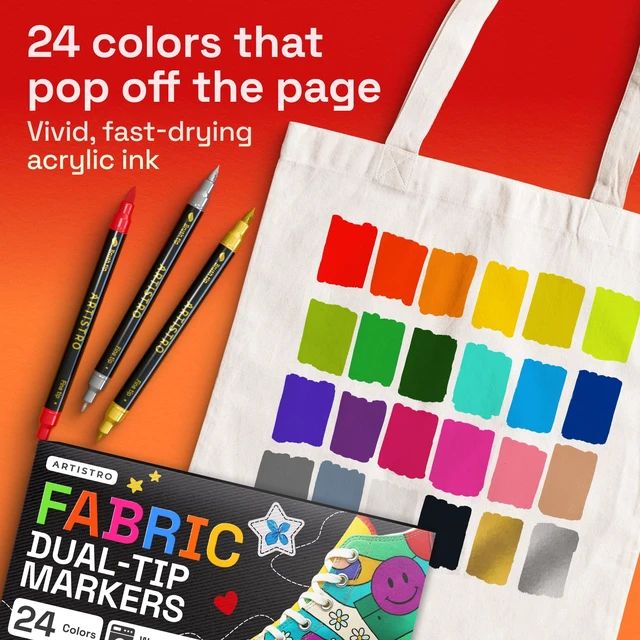 Alt view image 3 of 7 - 24 Dual-Tip Fabric Markers Decorating Kit, Permanent for Clothes | Brush & Fine Tip, Acrylic Paint Pens for Sneakers, Bags, Shoes, Textiles, Canvas, Sewing, Craft, & DIY
