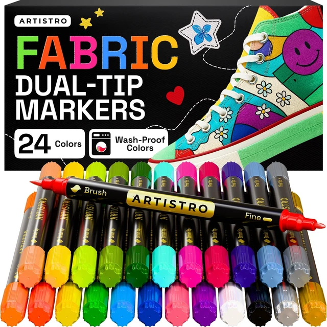 Main image of 24 Dual-Tip Fabric Markers Decorating Kit, Permanent for Clothes | Brush & Fine Tip, Acrylic Paint Pens for Sneakers, Bags, Shoes, Textiles, Canvas, Sewing, Craft, & DIY