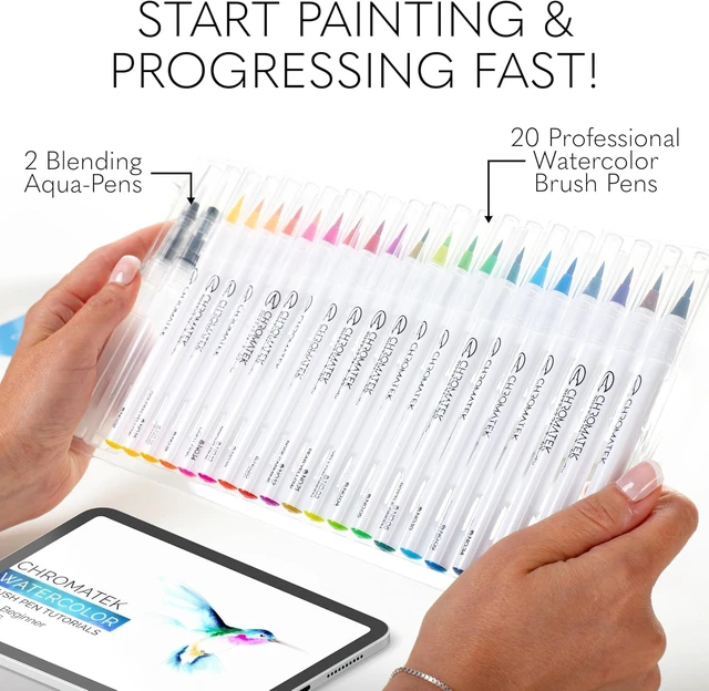Alt view image 3 of 7 - 22 Watercolor Pens Set | 2 Aquapens & 20 Unique Colors | Brush Pens | Easily Blendable, Vivid, Smooth | Professional Art Supplies