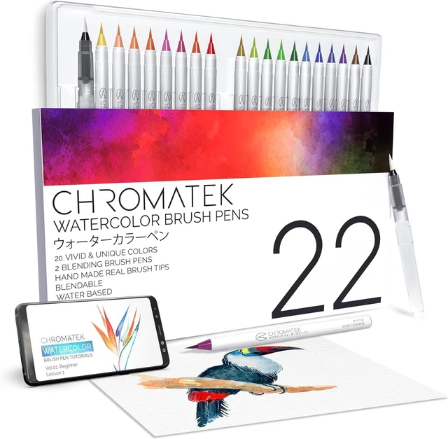 Main image of 22 Watercolor Pens Set | 2 Aquapens & 20 Unique Colors | Brush Pens | Easily Blendable, Vivid, Smooth | Professional Art Supplies
