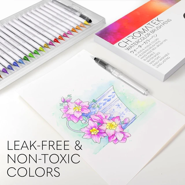 Alt view image 7 of 7 - 22 Watercolor Pens Set | 2 Aquapens & 20 Unique Colors | Brush Pens | Easily Blendable, Vivid, Smooth | Professional Art Supplies