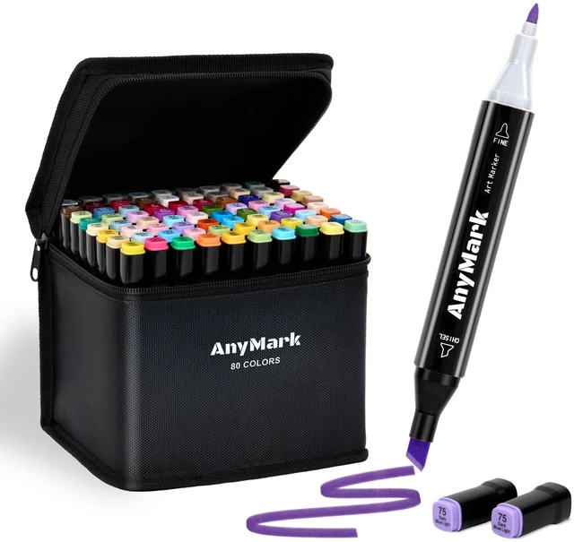 Main image of Alcohol Markers, 80 Colors Dual Tip Art Coloring Markers Set | Alcohol Based Markers for Adult Book Drawing Sketching Painting, Chisel & Fine, Black Penholder
