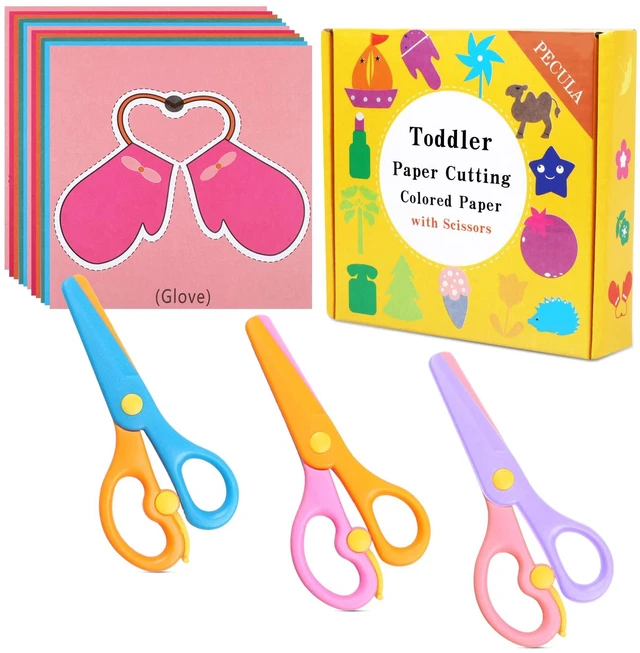 Main image of Safety Scissors For Toddler, Kids, Children - Plastic, Dual-Color Preschool Training Scissors(3 Pack), Paper Cutting(96 Pcs) Set For Paper Craft Supplies
