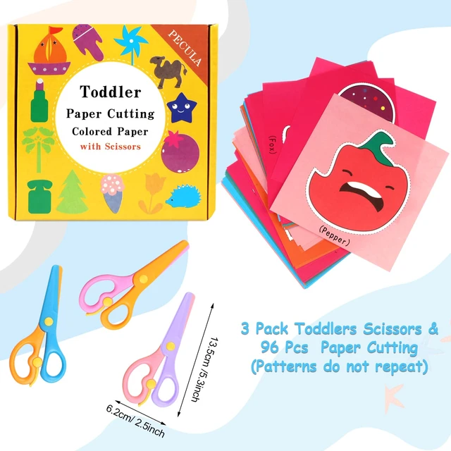 Alt view image 2 of 7 - Safety Scissors For Toddler, Kids, Children - Plastic, Dual-Color Preschool Training Scissors(3 Pack), Paper Cutting(96 Pcs) Set For Paper Craft Supplies