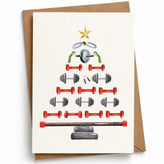 Main image of Gym Christmas Card Dumbbell Xmas Tree Gift for Gym Lover Persional Trainer | weightlifting cards sporty holiday festive greeting blank inside kraft envelope workout buddy bestie partner coach brother