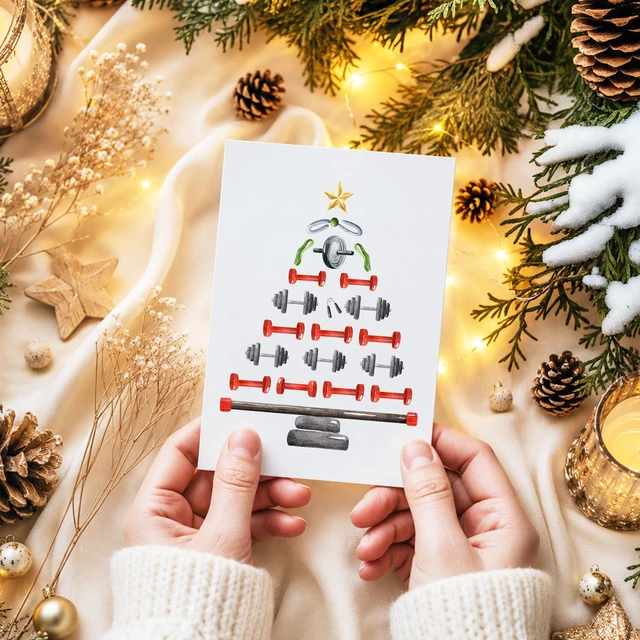 Alt view image 2 of 7 - Gym Christmas Card Dumbbell Xmas Tree Gift for Gym Lover Persional Trainer | weightlifting cards sporty holiday festive greeting blank inside kraft envelope workout buddy bestie partner coach brother