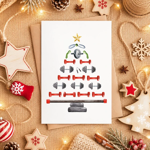 Alt view image 4 of 7 - Gym Christmas Card Dumbbell Xmas Tree Gift for Gym Lover Persional Trainer | weightlifting cards sporty holiday festive greeting blank inside kraft envelope workout buddy bestie partner coach brother