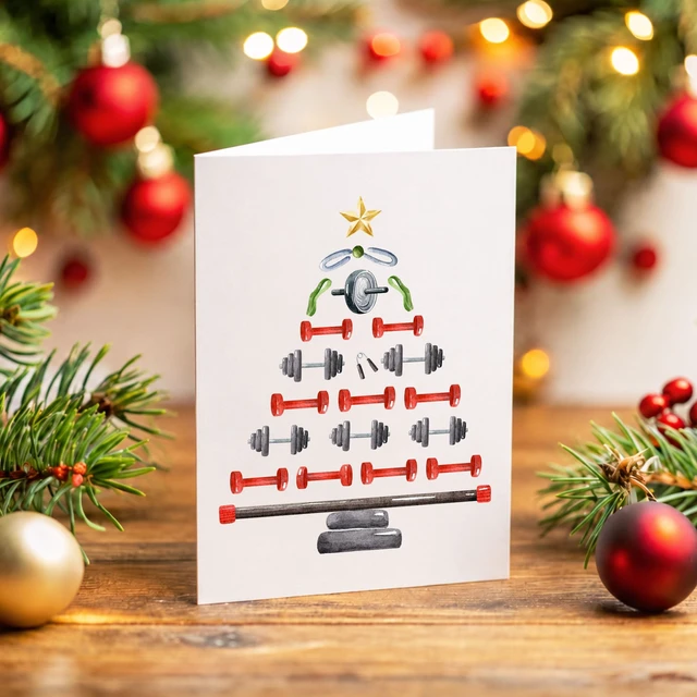 Alt view image 5 of 7 - Gym Christmas Card Dumbbell Xmas Tree Gift for Gym Lover Persional Trainer | weightlifting cards sporty holiday festive greeting blank inside kraft envelope workout buddy bestie partner coach brother