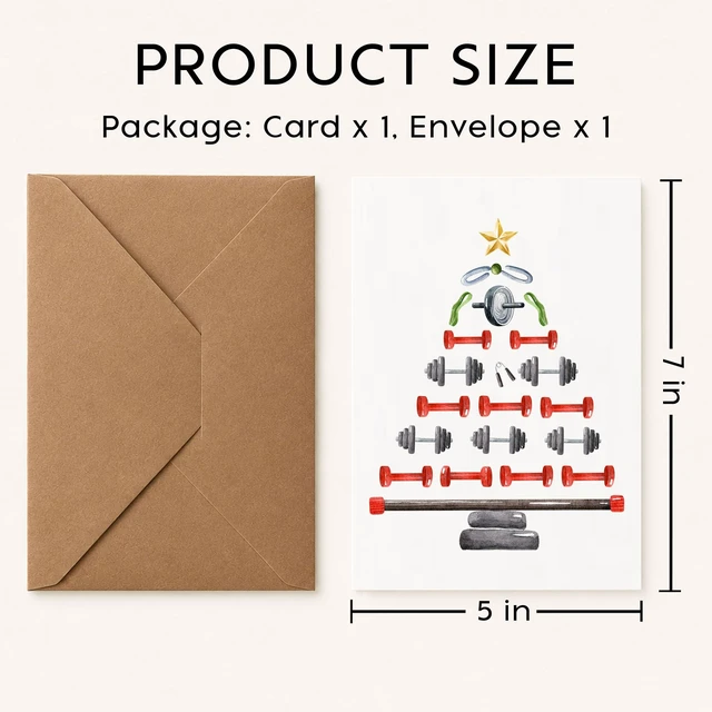 Alt view image 3 of 7 - Gym Christmas Card Dumbbell Xmas Tree Gift for Gym Lover Persional Trainer | weightlifting cards sporty holiday festive greeting blank inside kraft envelope workout buddy bestie partner coach brother