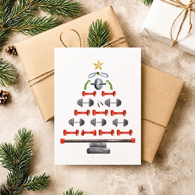 Alt view image 6 of 7 - Gym Christmas Card Dumbbell Xmas Tree Gift for Gym Lover Persional Trainer | weightlifting cards sporty holiday festive greeting blank inside kraft envelope workout buddy bestie partner coach brother