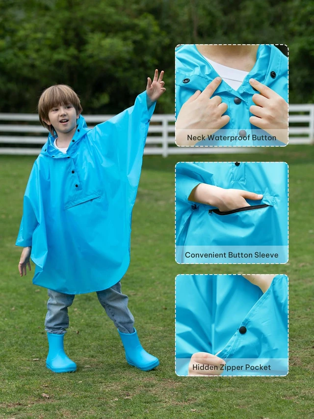 Alt view image 4 of 5 - Lightweight Kids Rain Poncho Jacket Waterproof Outwear Rain Coat Blue X-Large