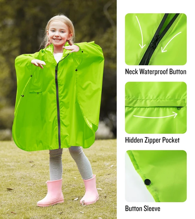 Alt view image 4 of 5 - Lightweight Kids Rain Poncho Waterproof Jacket Zipper Up Rain Coat Green X-Large