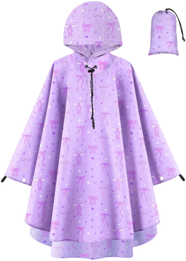 Main image of Kids Rain Poncho with Hooded Girls Poncho Reusable Waterproof Lightweight Ponchos Kids Raincoat Outwear 6-10 Year Bow