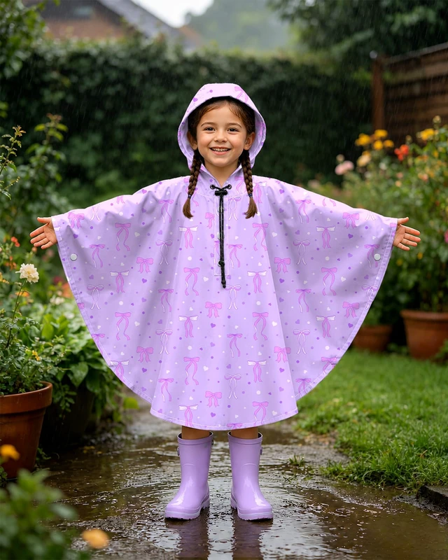 Alt view image 2 of 7 - Kids Rain Poncho with Hooded Girls Poncho Reusable Waterproof Lightweight Ponchos Kids Raincoat Outwear 6-10 Year Bow