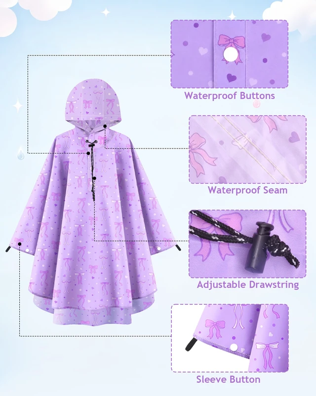Alt view image 3 of 7 - Kids Rain Poncho with Hooded Girls Poncho Reusable Waterproof Lightweight Ponchos Kids Raincoat Outwear 6-10 Year Bow