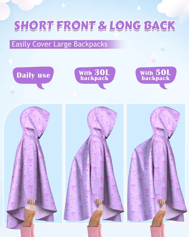 Alt view image 4 of 7 - Kids Rain Poncho with Hooded Girls Poncho Reusable Waterproof Lightweight Ponchos Kids Raincoat Outwear 6-10 Year Bow