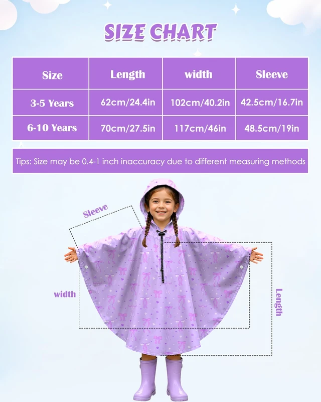 Alt view image 7 of 7 - Kids Rain Poncho with Hooded Girls Poncho Reusable Waterproof Lightweight Ponchos Kids Raincoat Outwear 6-10 Year Bow