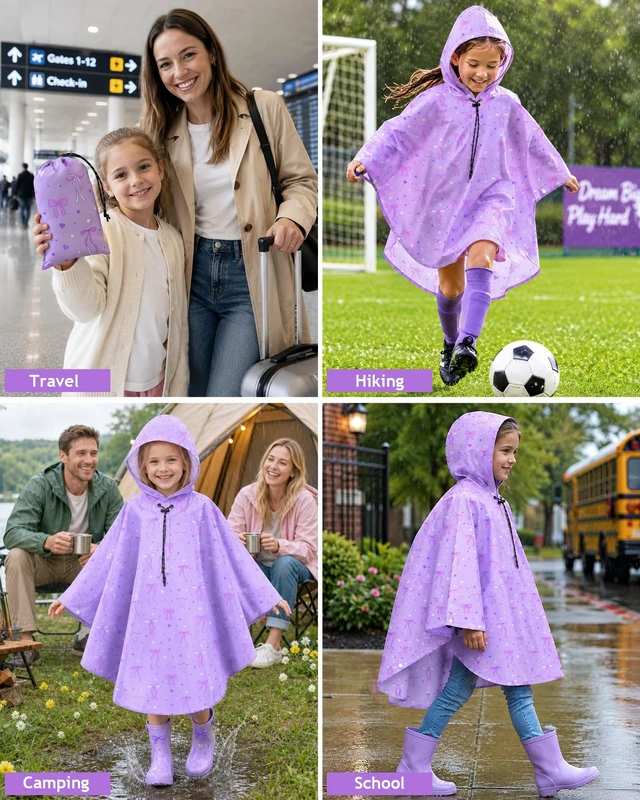 Alt view image 6 of 7 - Kids Rain Poncho with Hooded Girls Poncho Reusable Waterproof Lightweight Ponchos Kids Raincoat Outwear 6-10 Year Bow