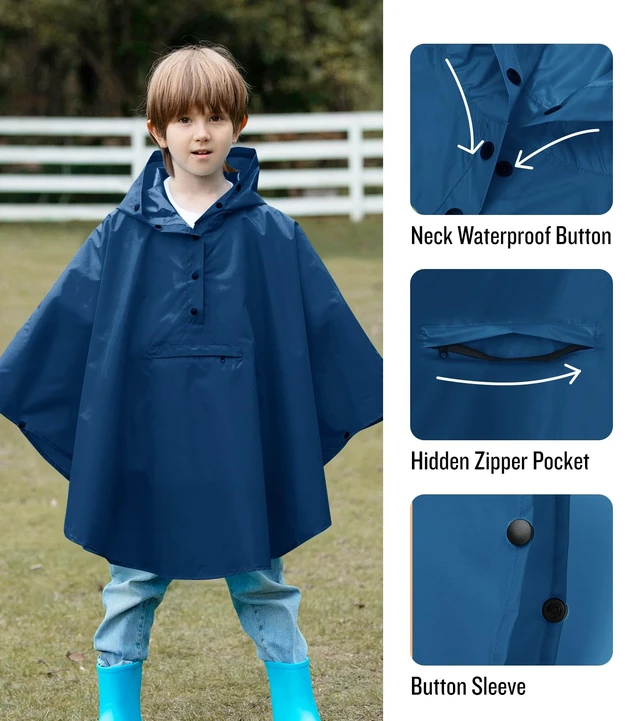 Alt view image 4 of 5 - Lightweight Kids Rain Poncho Jacket Waterproof Outwear Rain Coat Navy X-Large