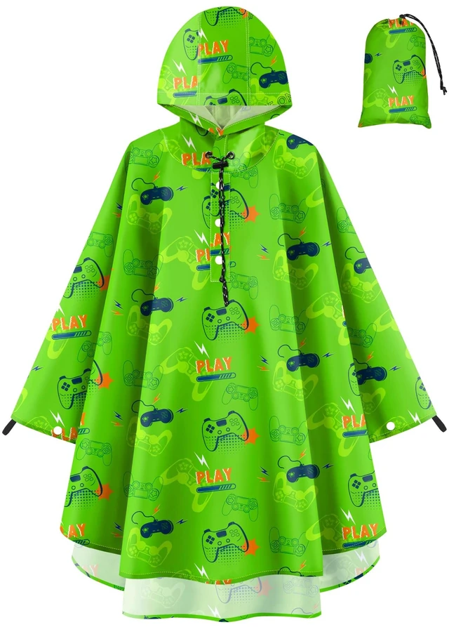 Main image of Kids Rain Poncho with Hooded Reusable Waterproof Lightweight Ponchos Kids Boy Girl Raincoat Outwear 6-10 Year Games Console