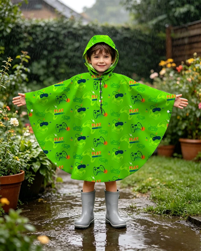 Alt view image 2 of 7 - Kids Rain Poncho with Hooded Reusable Waterproof Lightweight Ponchos Kids Boy Girl Raincoat Outwear 6-10 Year Games Console