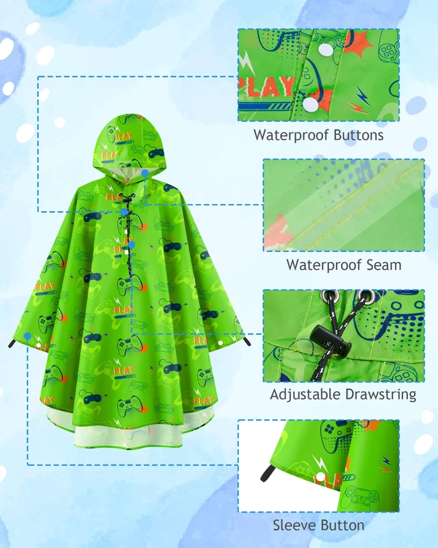 Alt view image 3 of 7 - Kids Rain Poncho with Hooded Reusable Waterproof Lightweight Ponchos Kids Boy Girl Raincoat Outwear 6-10 Year Games Console