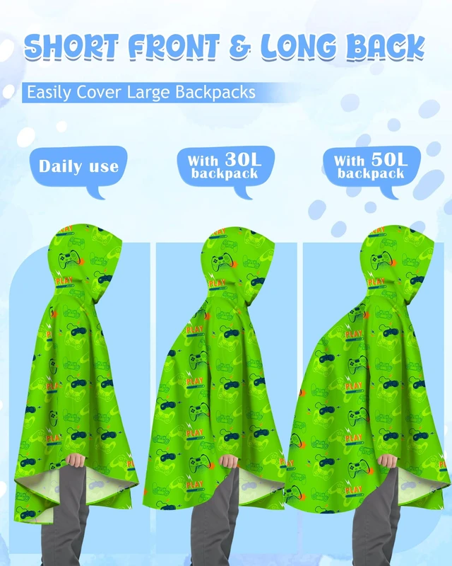 Alt view image 4 of 7 - Kids Rain Poncho with Hooded Reusable Waterproof Lightweight Ponchos Kids Boy Girl Raincoat Outwear 6-10 Year Games Console