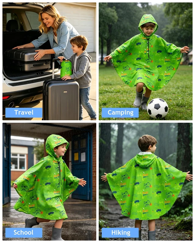 Alt view image 6 of 7 - Kids Rain Poncho with Hooded Reusable Waterproof Lightweight Ponchos Kids Boy Girl Raincoat Outwear 6-10 Year Games Console