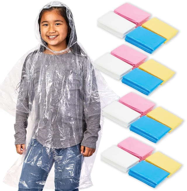 Main image of Kids Disposable Rain Ponchos - Waterproof PE Plastic Travel Gear | 4 Assorted Colors 20 Pack 42 x 60 Inches