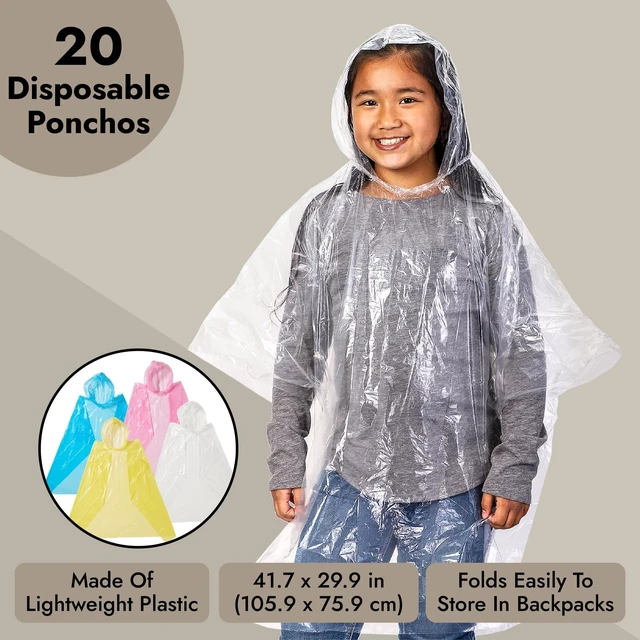 Alt view image 5 of 7 - Kids Disposable Rain Ponchos - Waterproof PE Plastic Travel Gear | 4 Assorted Colors 20 Pack 42 x 60 Inches