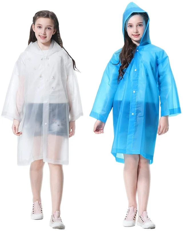 Main image of Rain Poncho for Kids Raincoat, 2-5 Pack Reusable EVA Rain Coats for 6-14 Boys Girls, Rain Jackets Gear with Hood (White+Blue)