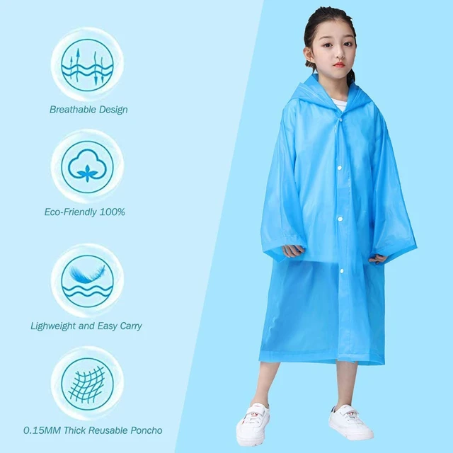 Alt view image 4 of 7 - Rain Poncho for Kids Raincoat, 2-5 Pack Reusable EVA Rain Coats for 6-14 Boys Girls, Rain Jackets Gear with Hood (White+Blue)