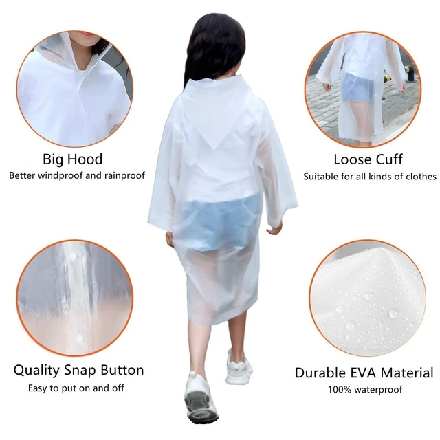 Alt view image 6 of 7 - Rain Poncho for Kids Raincoat, 2-5 Pack Reusable EVA Rain Coats for 6-14 Boys Girls, Rain Jackets Gear with Hood (White+Blue)