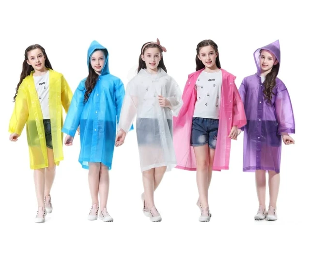 Alt view image 7 of 7 - Rain Poncho for Kids Raincoat, 2-5 Pack Reusable EVA Rain Coats for 6-14 Boys Girls, Rain Jackets Gear with Hood (White+Blue)