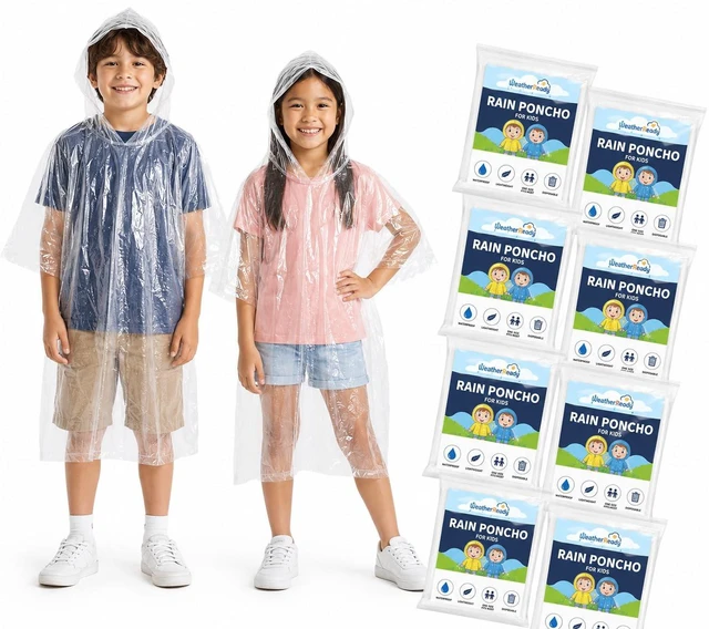Main image of Kids Poncho - 10-Pack, One Size, Clear - Plastic Disposable Rain Ponchos for Kids with Hood - Bulk Emergency Rain Cover for Children